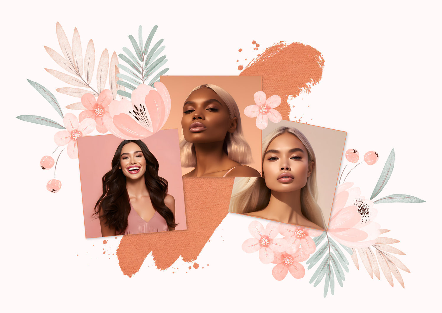 Il s'agit de trois photos avec le portrait de 3 belles femmes avec de belles coiffures : une caucasienne brune, une africaine blonde, une asiatique blonde. Le fond de l'image est une illustration de fleurs roses pâles.